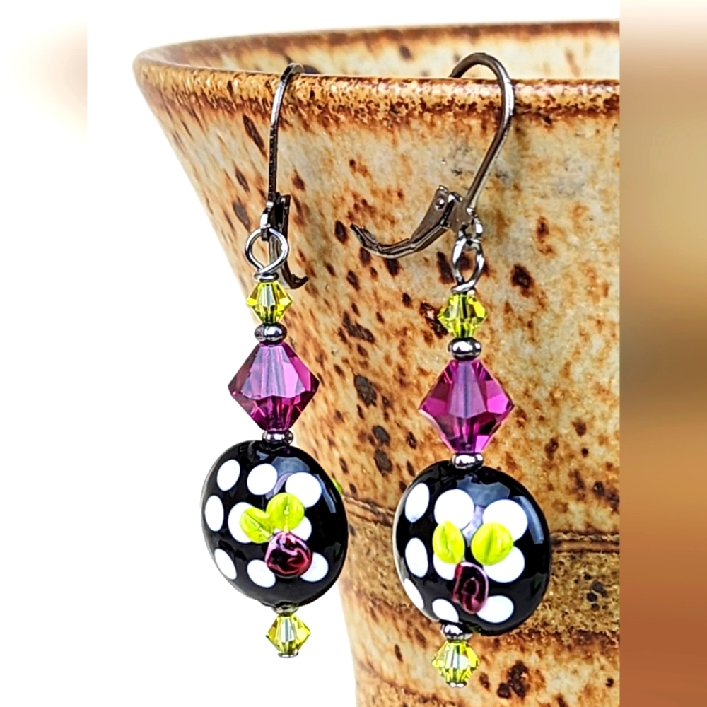 Black, Pink, & White Blown Glass Floral‎ Dangle Earrings with Swarovski Crystals